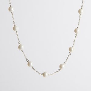 Astrea A grade white freshwater pearl station necklace in sterling silver (24” + 2”)