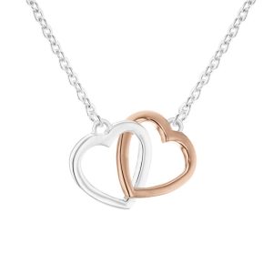Two tone linked hearts necklace in sterling silver and 18k rose gold plated 18-19"