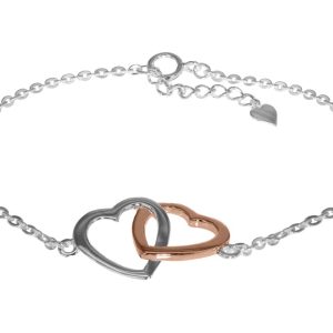 Two tone sterling silver linked hearts bracelet in sterling silver and 18k rose gold plated 7.5-8.5"